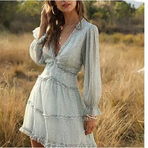 Chiffon Floral Long Sleeve V Neck Backless Cocktail Evening party Mini Dress